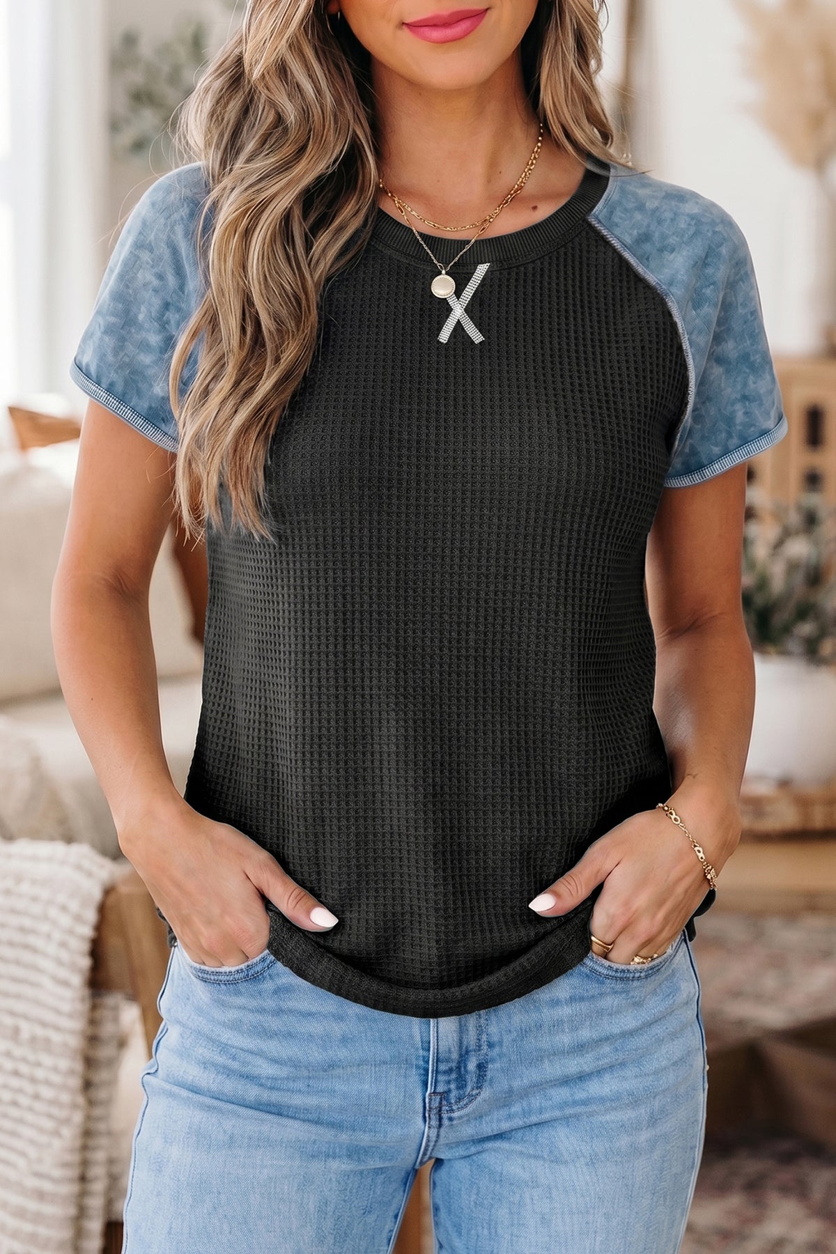 Carbon Grey Waffle Knit Seam Color Block Patchwork Short Sleeve Top