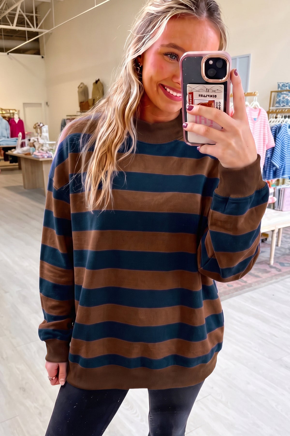 Orange Stripe Colorblock Mock Neck Sweatshirt