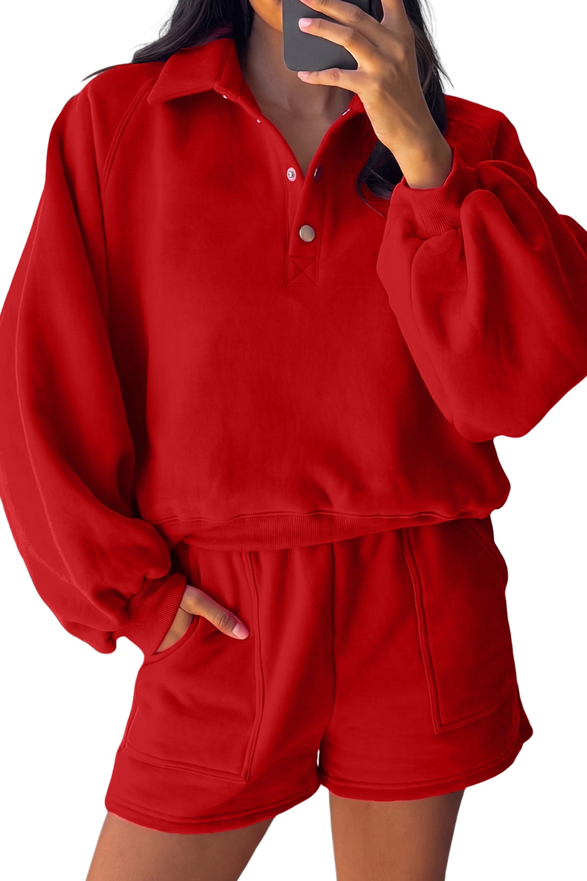 Fiery Red Half Button Puff Sleeve Top and Shorts Set