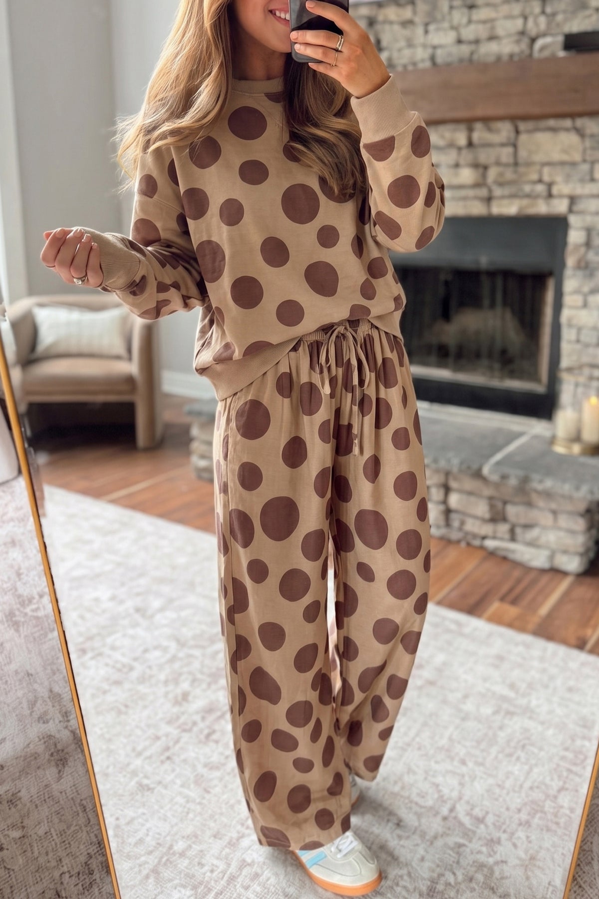 Women's Khaki Polka Dot Long-Sleeve Top Drawstring Relaxed Pants Set