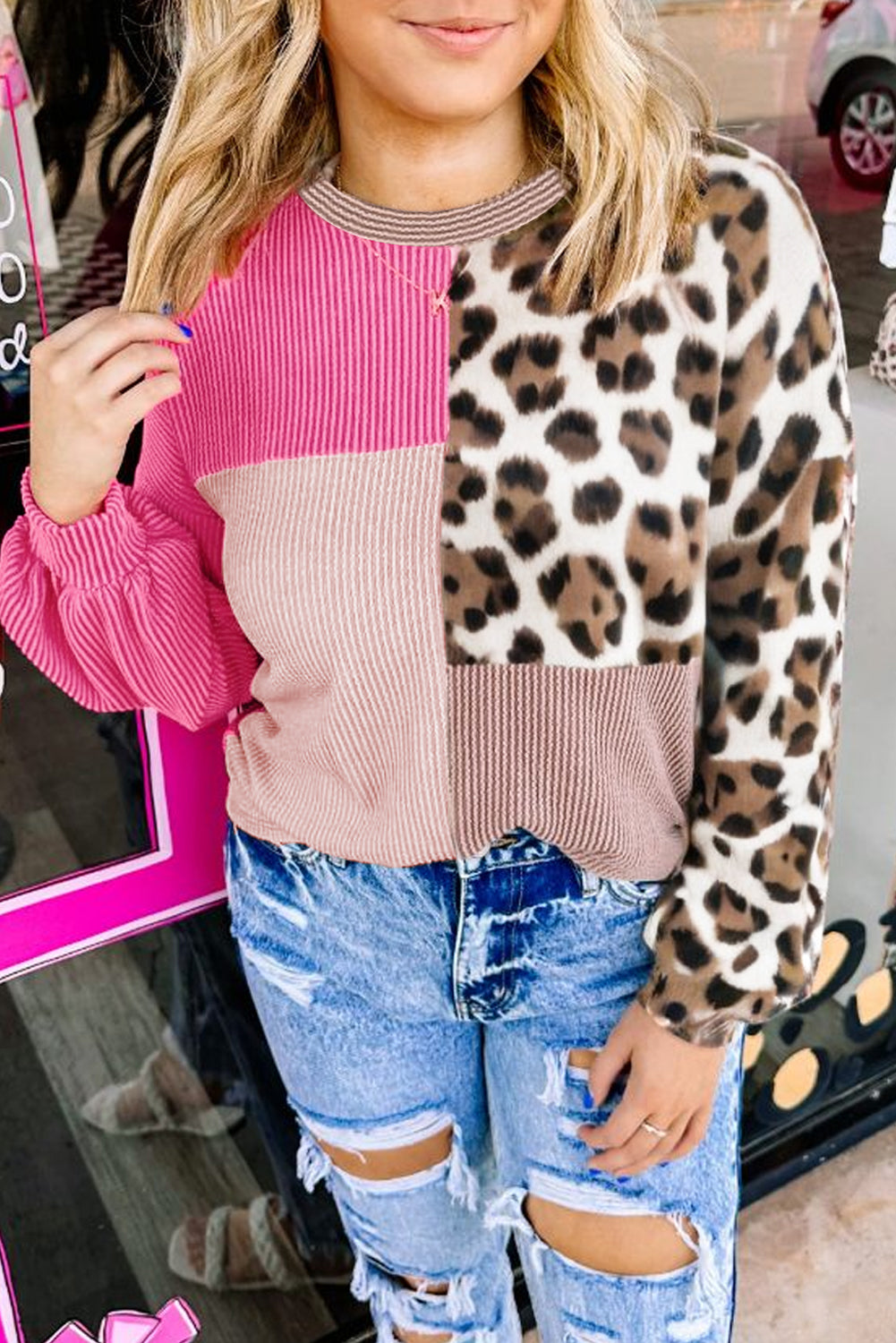 Rose Red Plus Size Twisted Ribbed Color-Block Leopard Patchwork Long-Sleeve Top