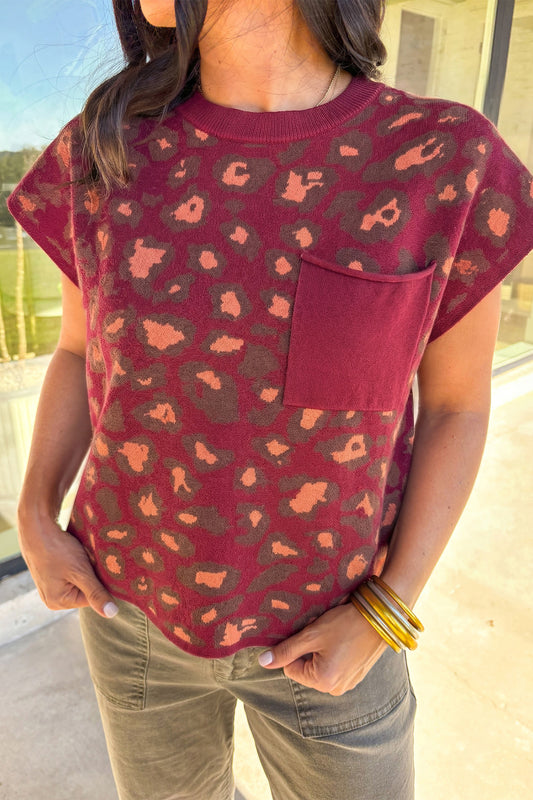 Red Leopard Print Cap Sleeve Knitted Top