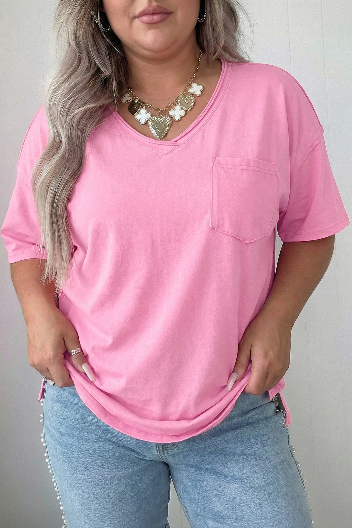 Sachet Pink Plus Size Mineral Wash Raw Edge Round-Neck Tee