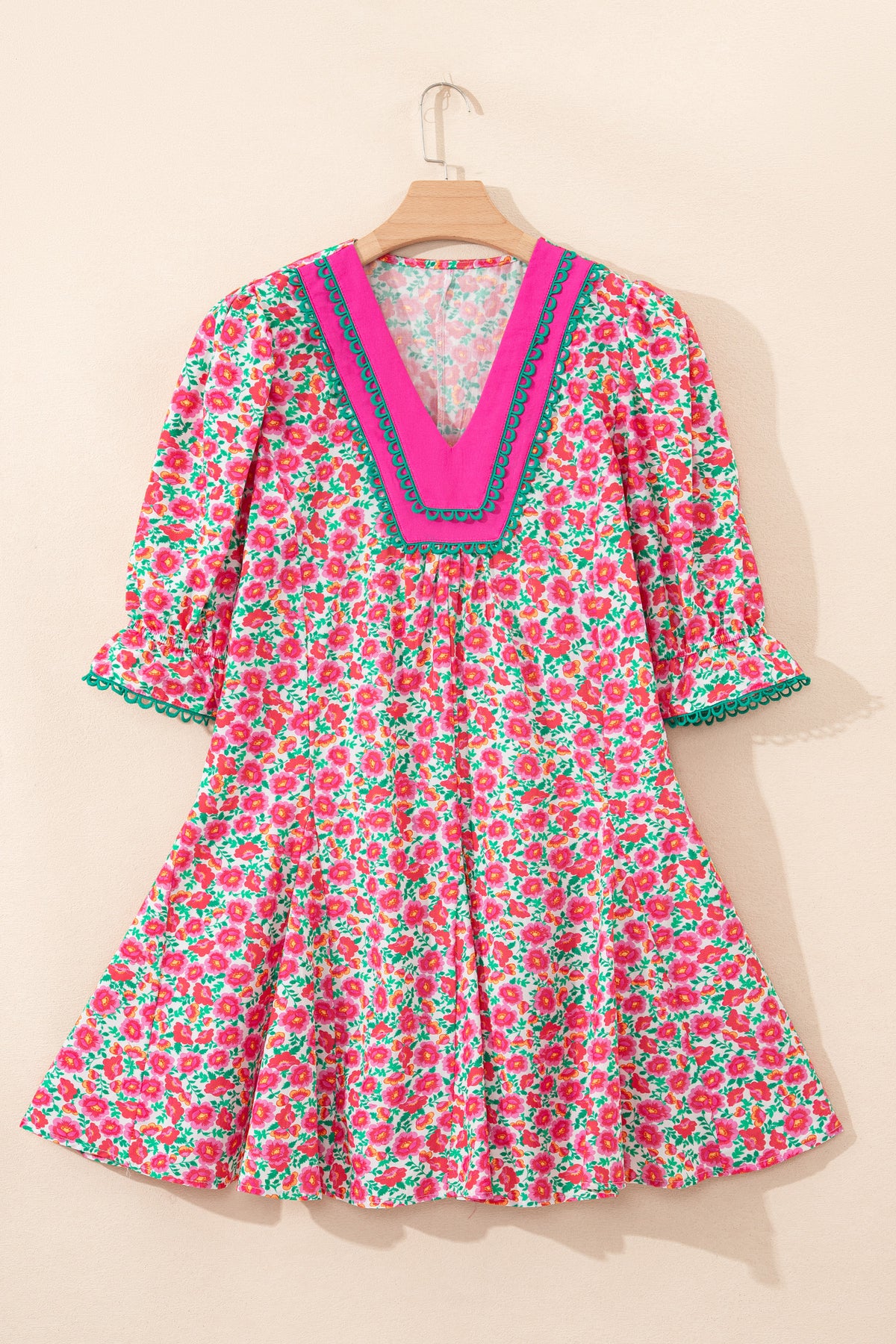 Pink Floral Print V Neck Patchwork Short Bubble Sleeve Mini Dress