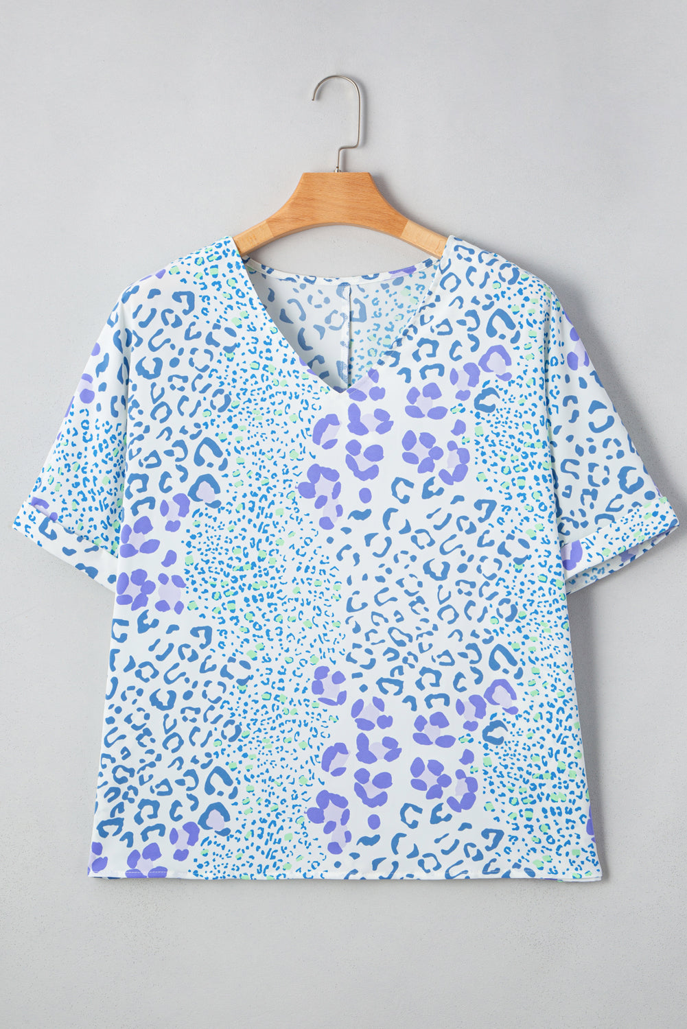 Sky Blue Leopard Print Short-Sleeve V-Neck Plus Size Top