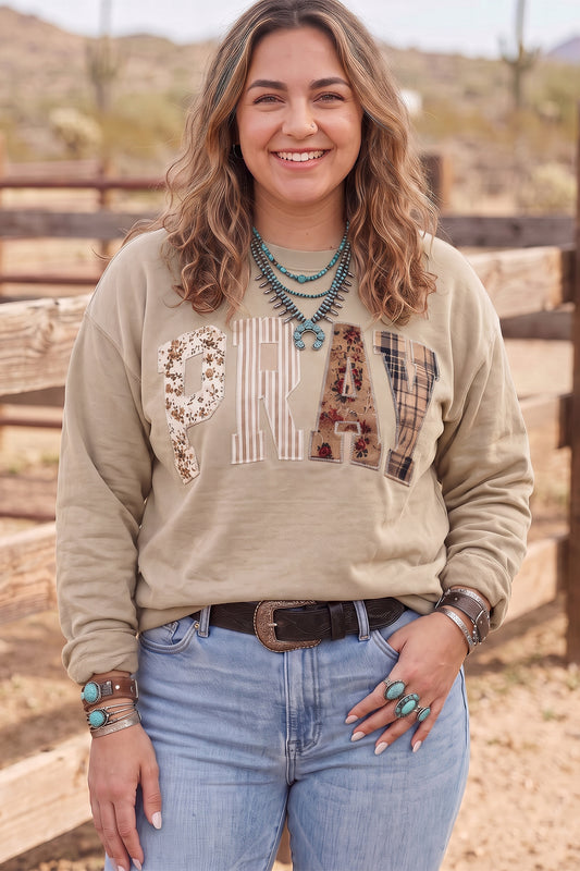 Parchment PRAY Letter Round Neck Plus Size Sweatshirt