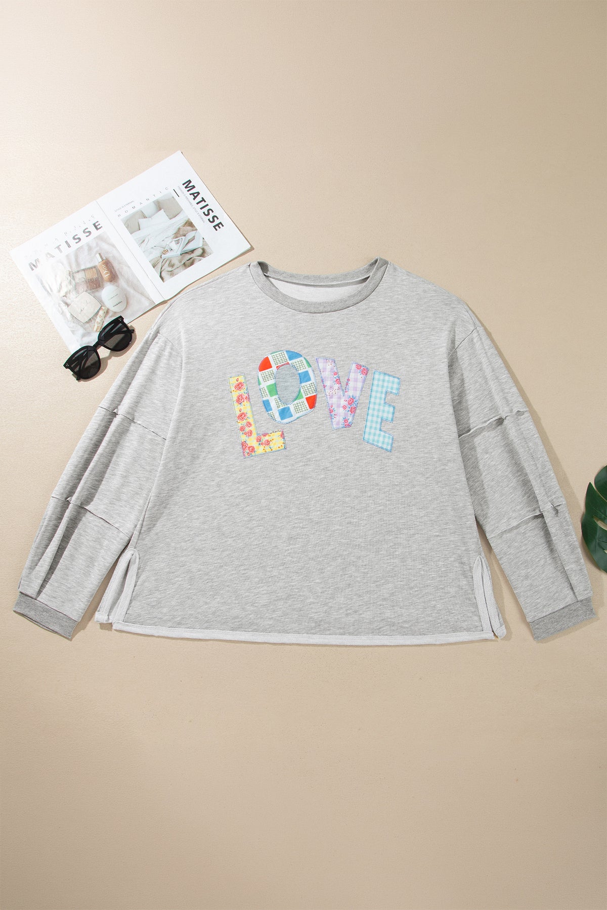 Light Grey Long-Sleeve Patch Embroidery Tunic Plus Size Blouse