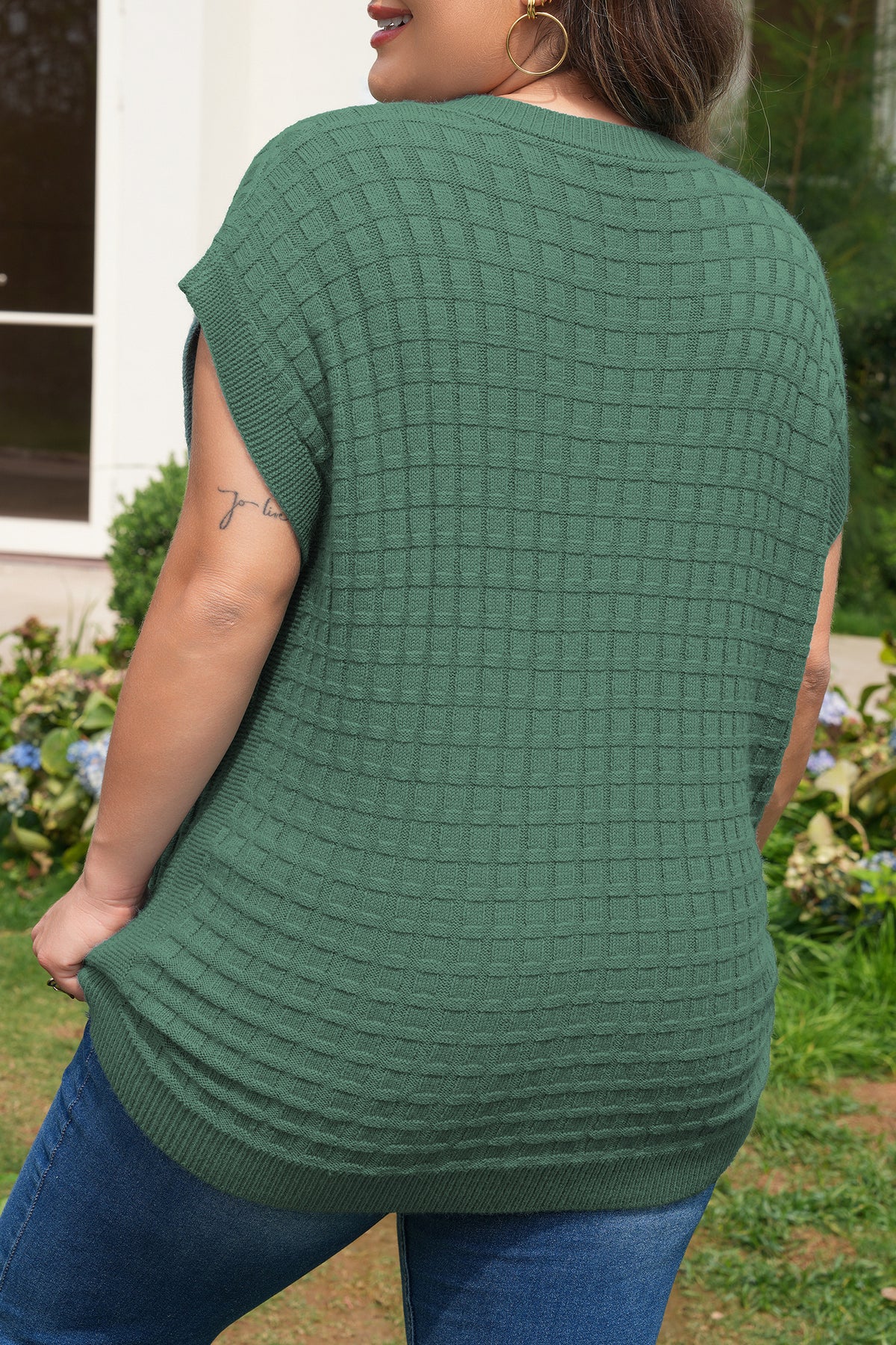 Mist Green Plus Size Solid Color Textured Knit Short-Sleeve Sweater
