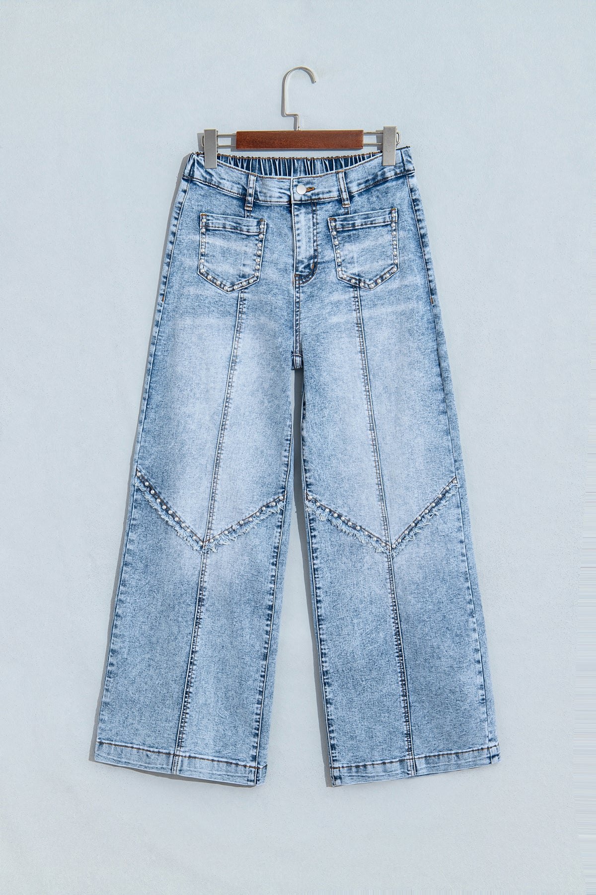Beau Blue Frayed Studded Wide Leg Pocketed Jeans