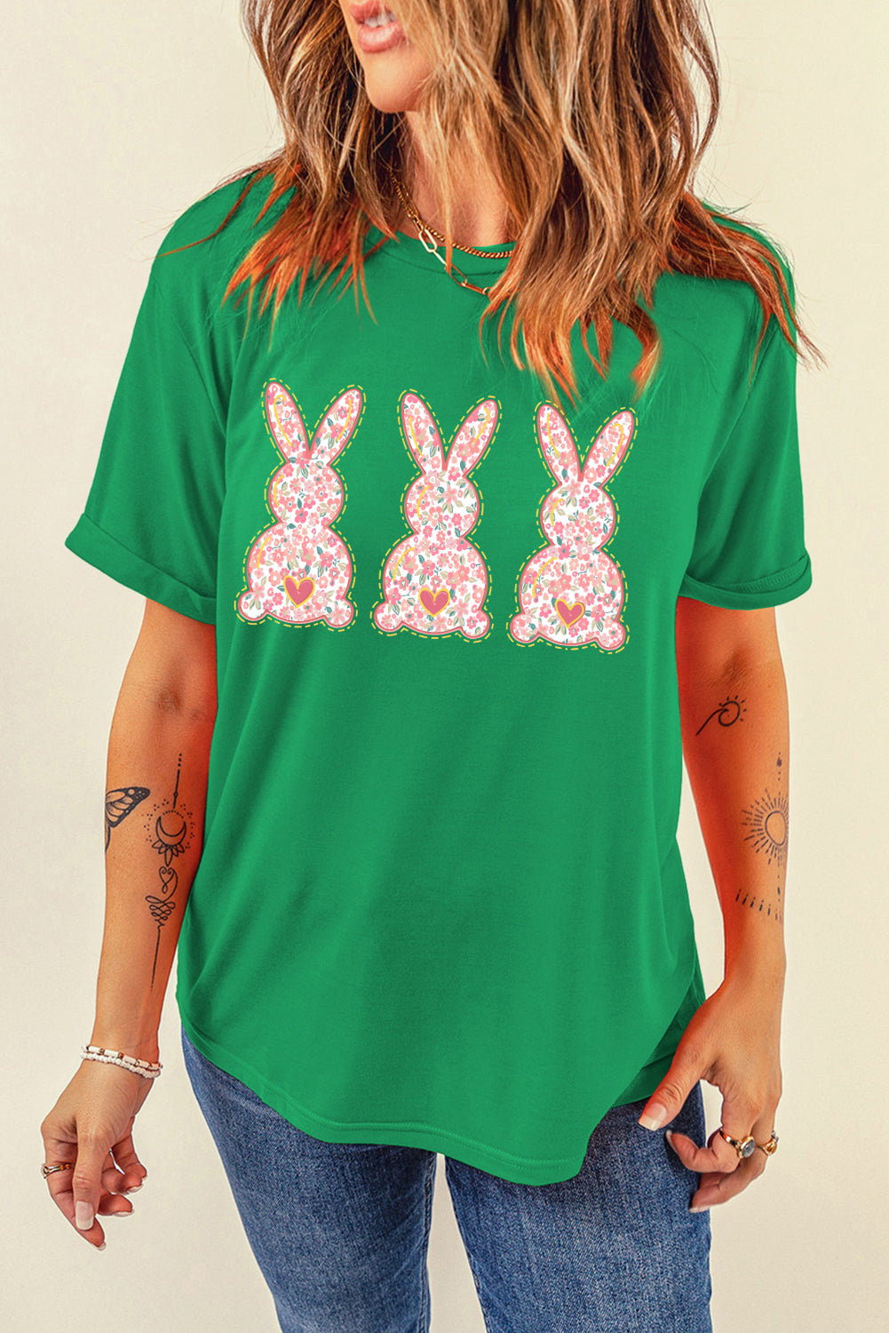 Bright Green Easter Floral Rabbit Print Crew Neck T-Shirt