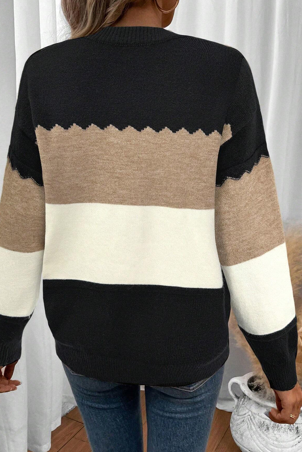 Black Colorblock Crew Neck Drop Shoulder Sweater