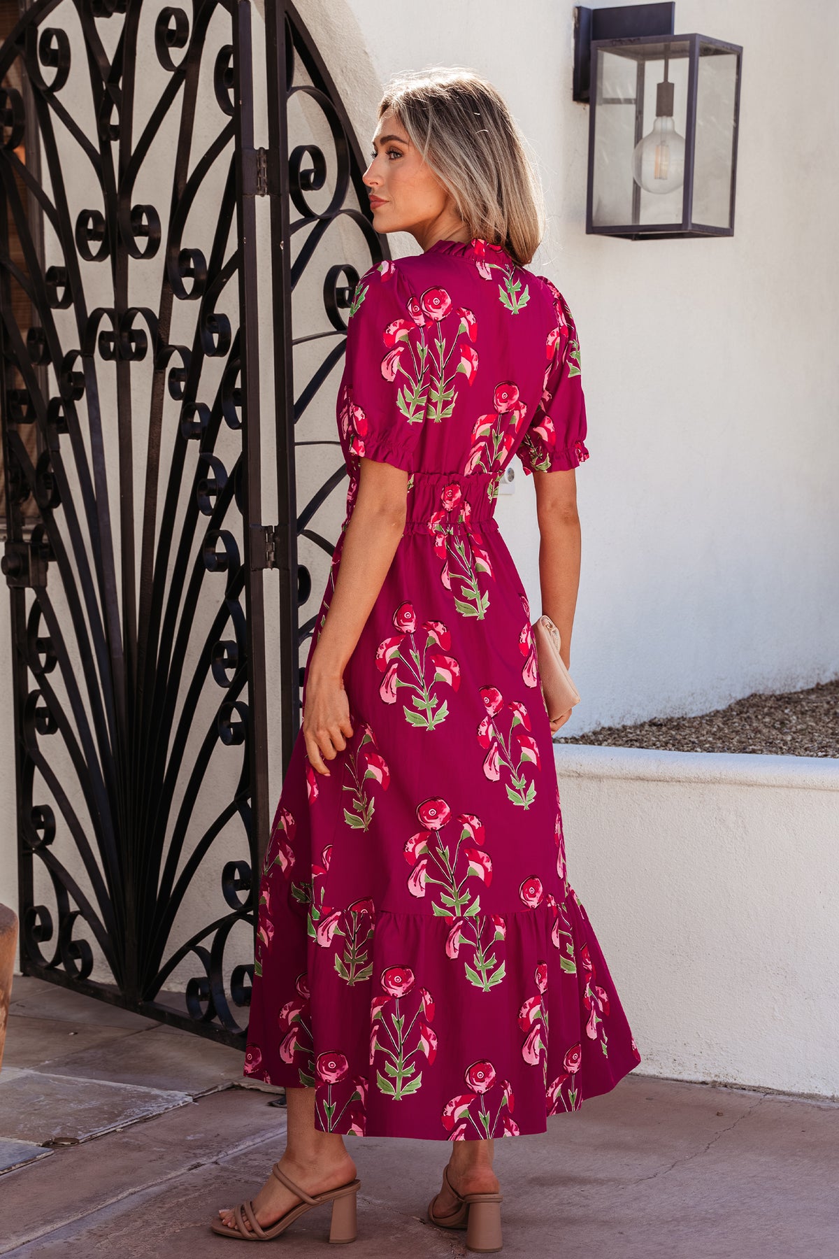 Red Floral Print Frilled V Neck Short Sleeve Ruffle Maxi Dress