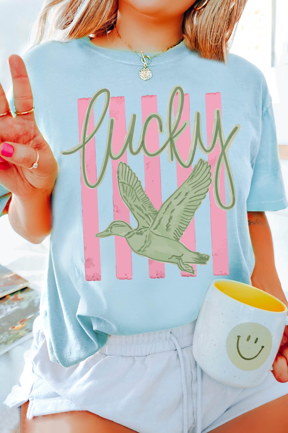Light Blue Lucky Duck Print Casual Round Neck T-Shirt