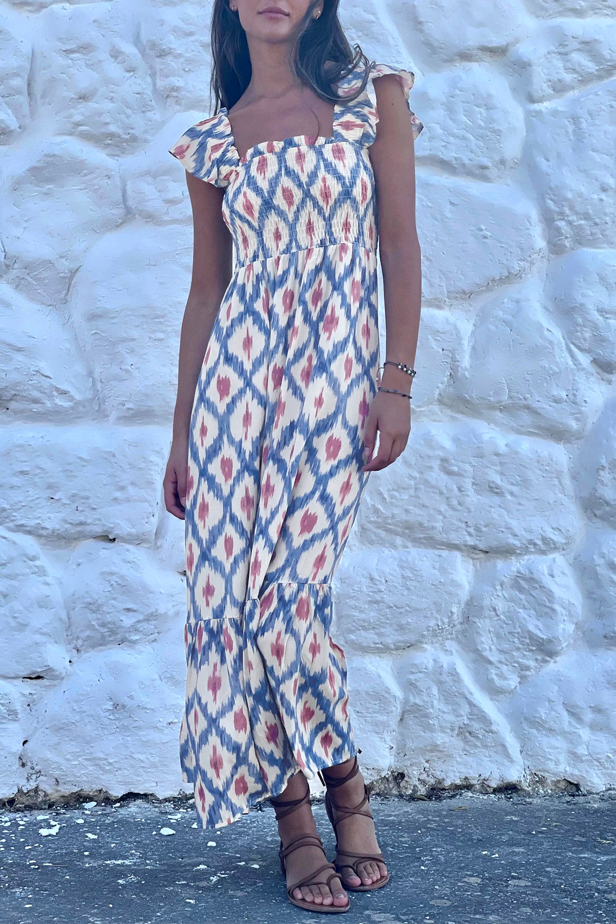 Blue Ruffle Square-Neck Maxi Dress