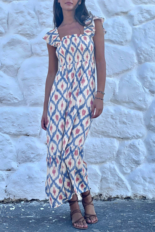 Blue Ruffle Square-Neck Maxi Dress
