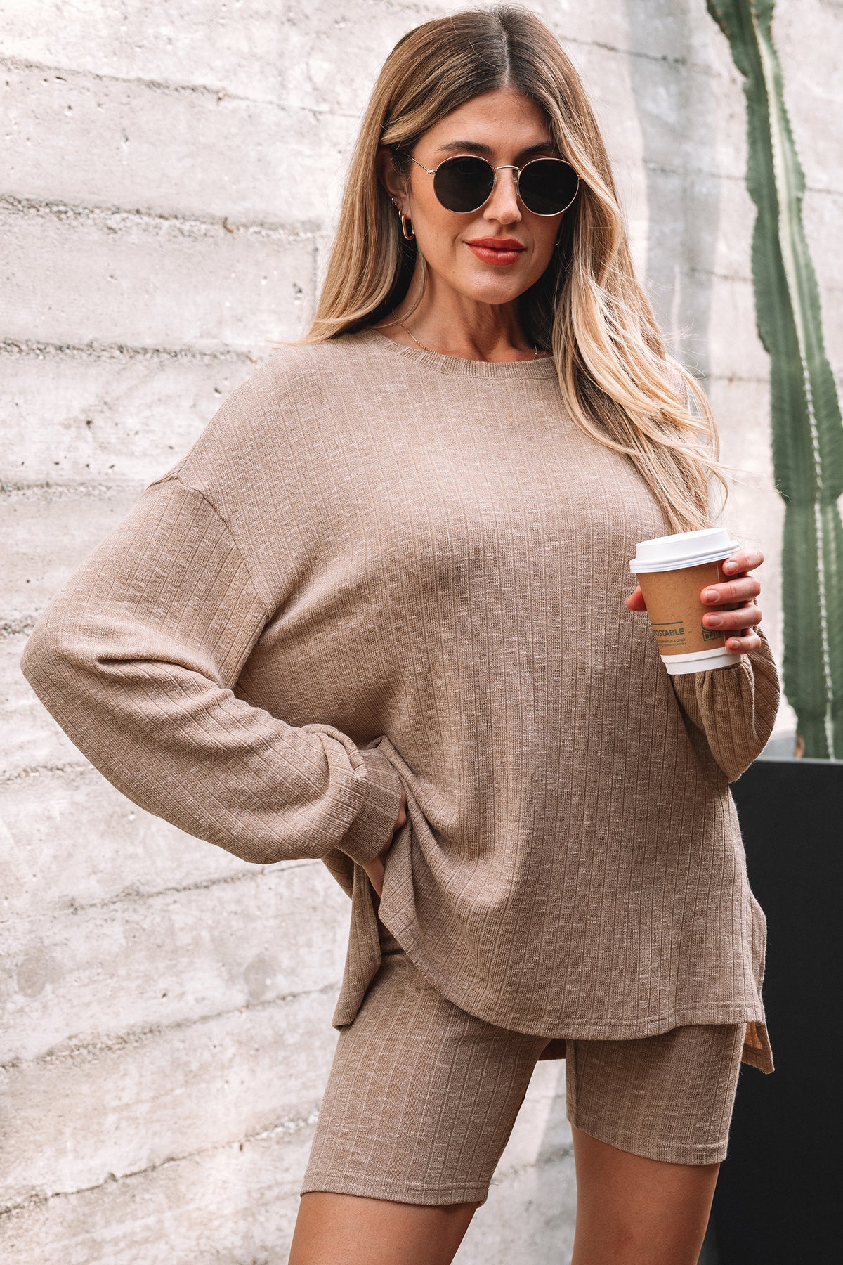 Women's Dark Khaki Ribbed Balloon Sleeve Pullover Top & Biker Knitted Shorts Two-Piece Set