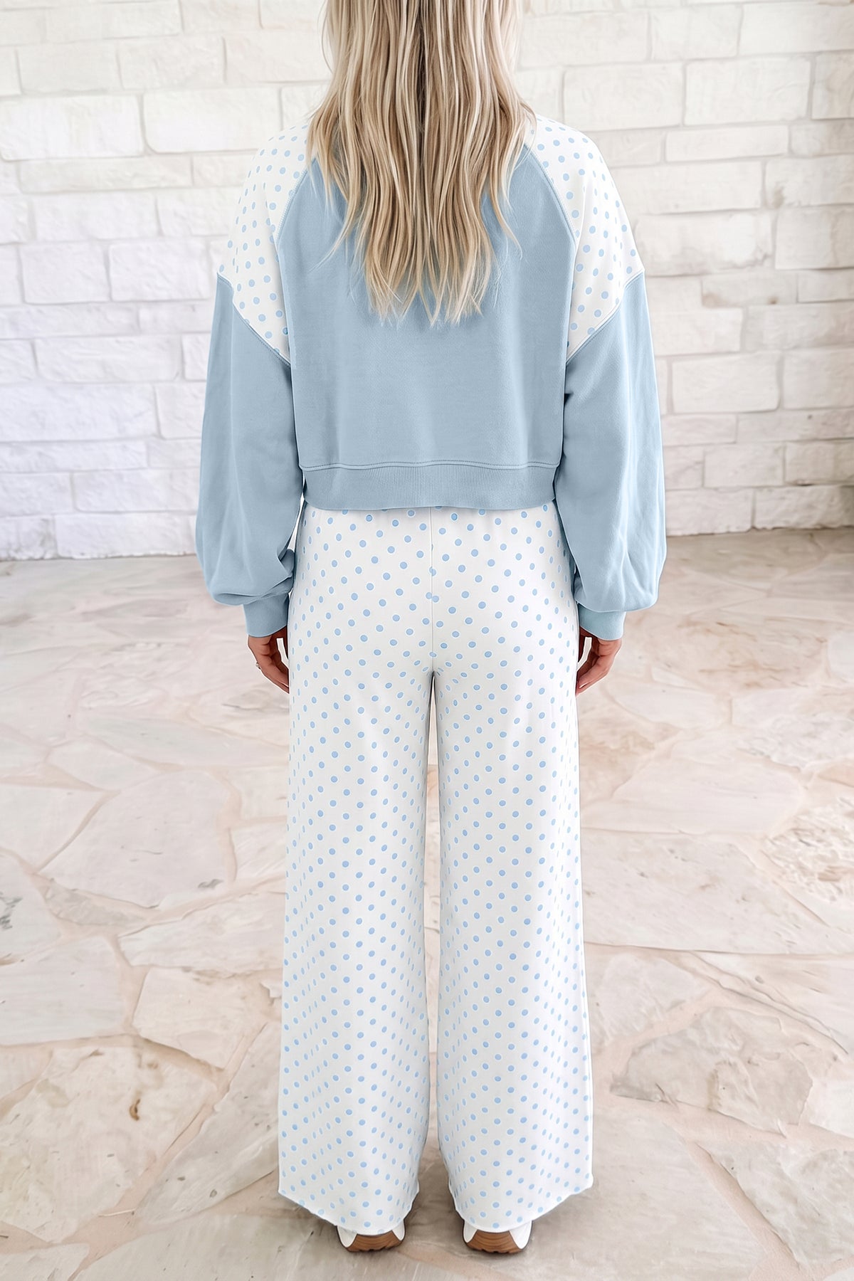 Women's Green Polka Dot Patchwork Colorblock Long-Sleeve Casual Two-Piece Pants Set