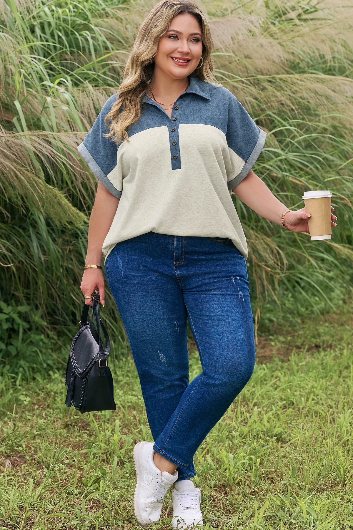 Light Grey Half Buttons Collared Denim Patchwork Plus Short-Sleeve Top
