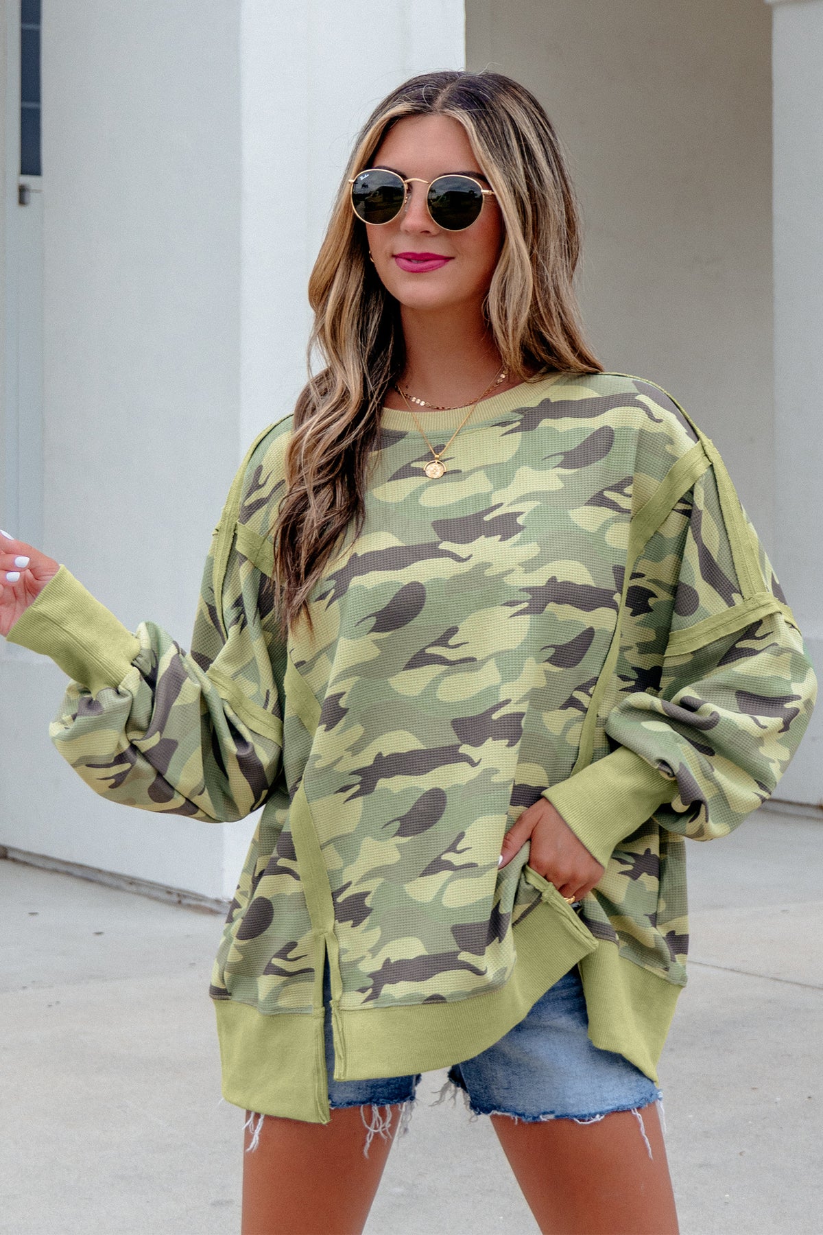 Green Camouflage Waffle Knit Raw Edge Trim Oversized Top
