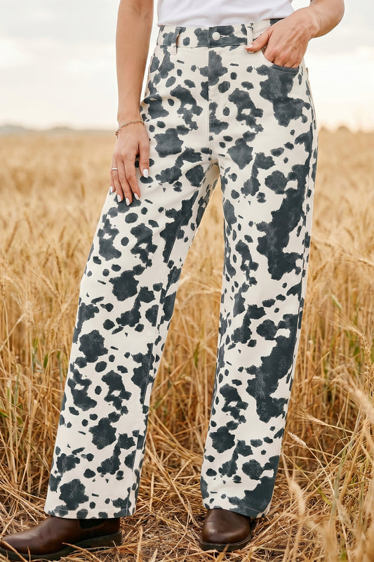 Brown Abstract Print Metal Button Regular Fit Full Length Jeans