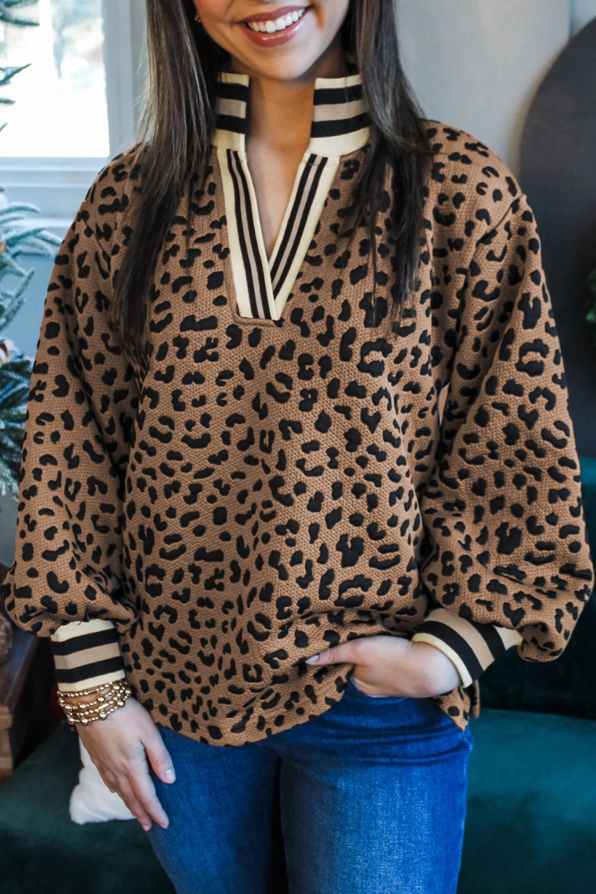 Brown Leopard Print Striped Trim Collar Shift