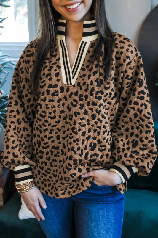 Brown Leopard Print Striped Trim Collar Shift