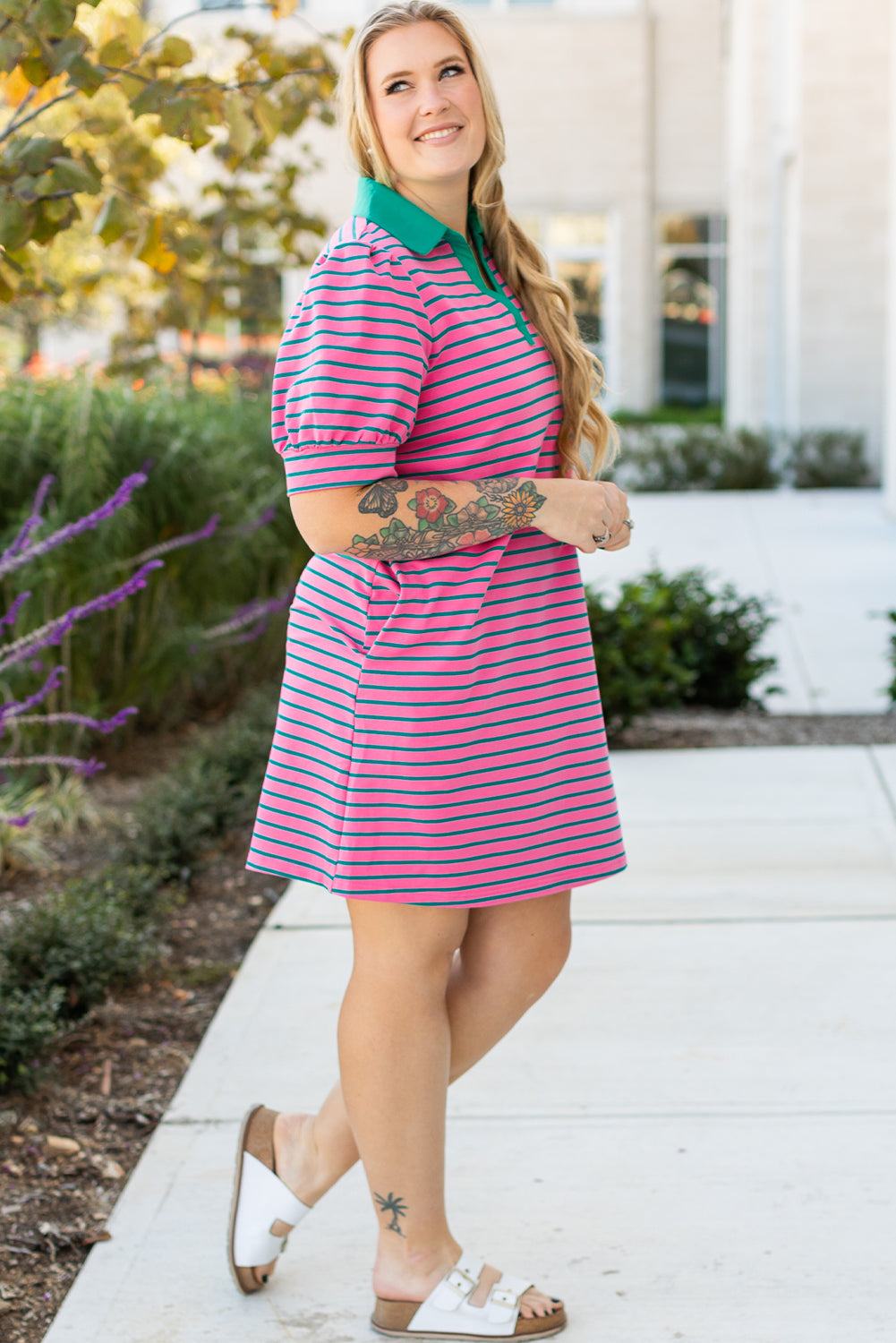 Rose Stripe Collared V-Neck Puff Sleeve Shift T-Shirt Dress with Pockets