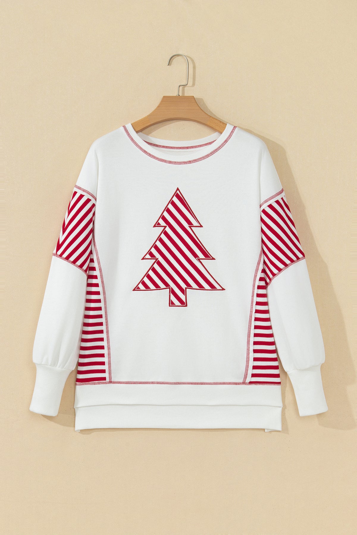 White Striped Contrast Christmas Tree Puff Sleeve Top