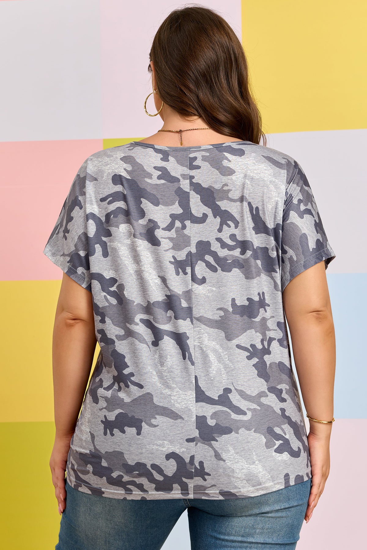 Gray Plus Size Camo Print Casual T-Shirt