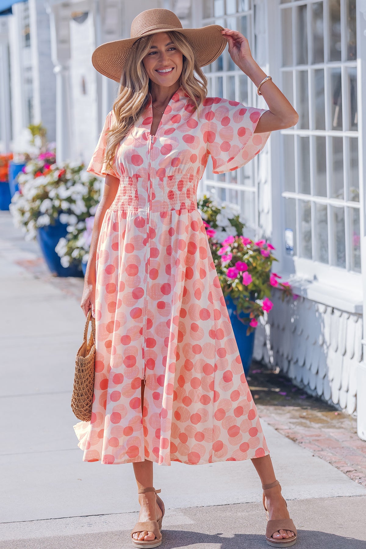 Pink Polka Dot Ruffle Maxi Dress