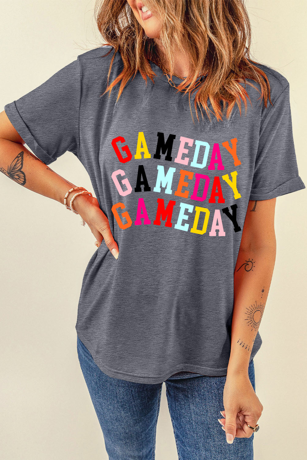 Gray Colorful GAME DAY Graphic Crew T-Shirt