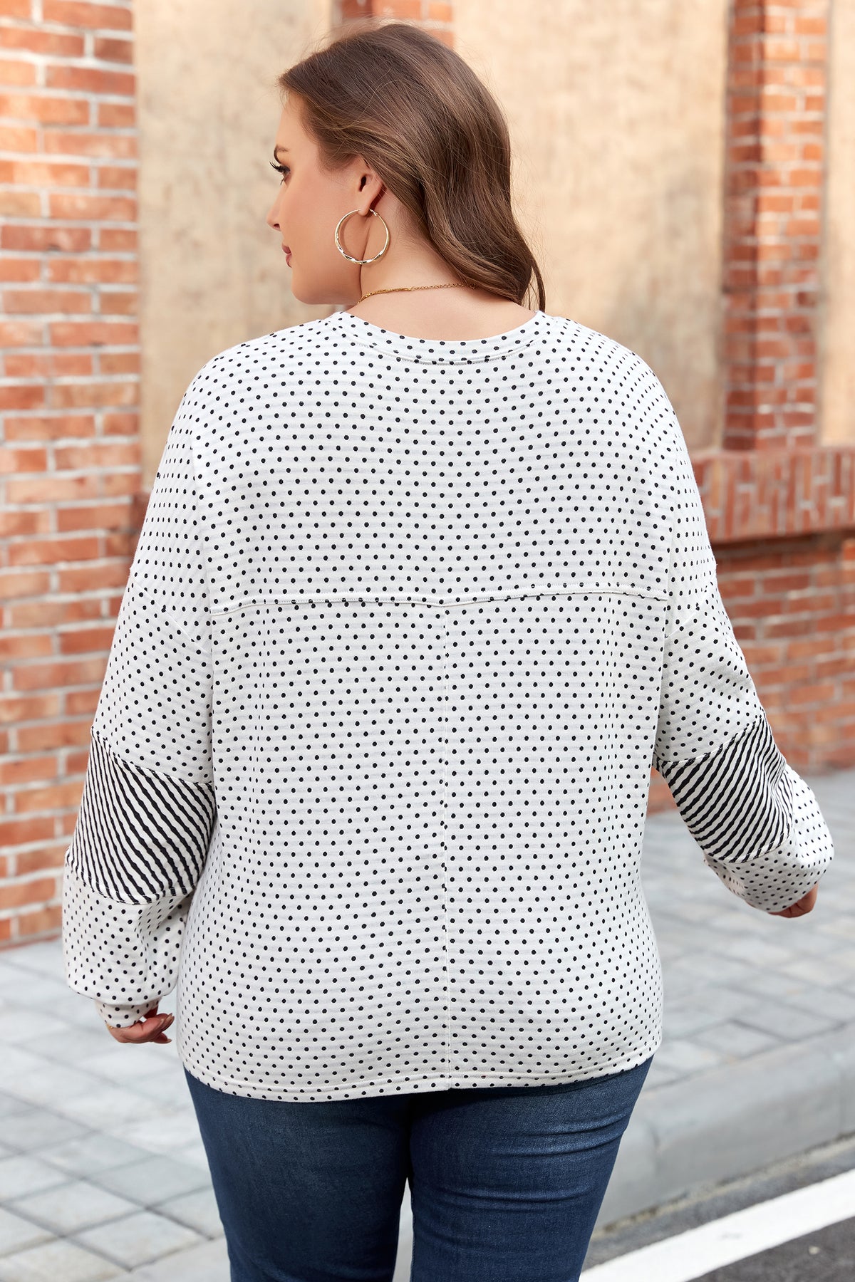 Beige Plus Size Dot Print Striped Patchwork Long-Sleeve Henley Top