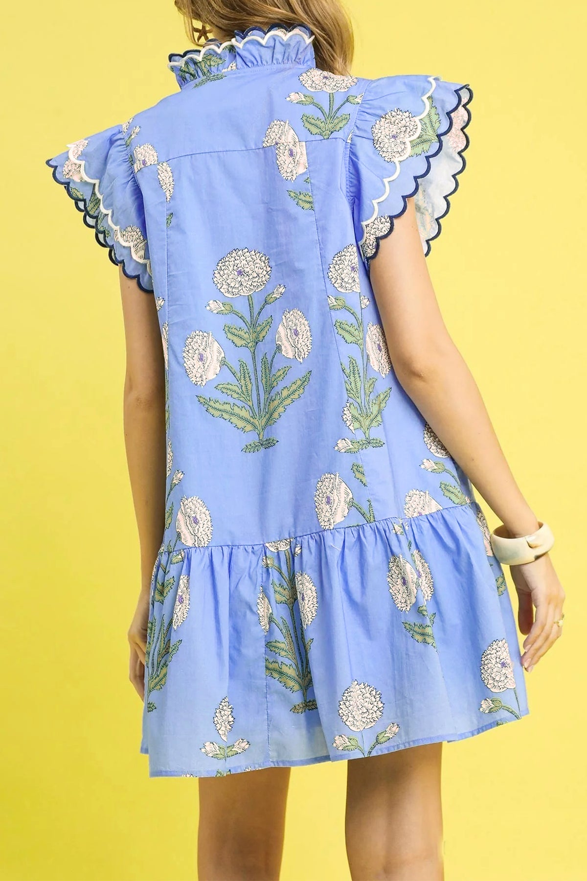 Blue Floral Embroidered V-Neck Mini Dress