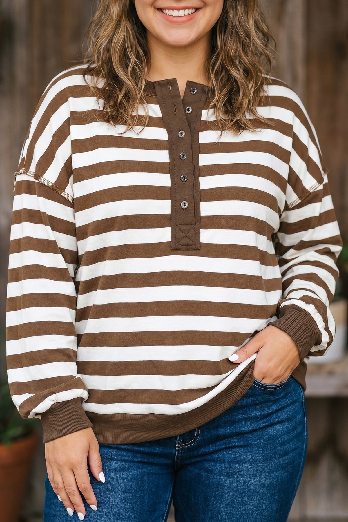 Khaki Stripe Striped V-Neck Button Tunic Ribbed Cuffs Long Sleeve Plus Size Sweatshirt