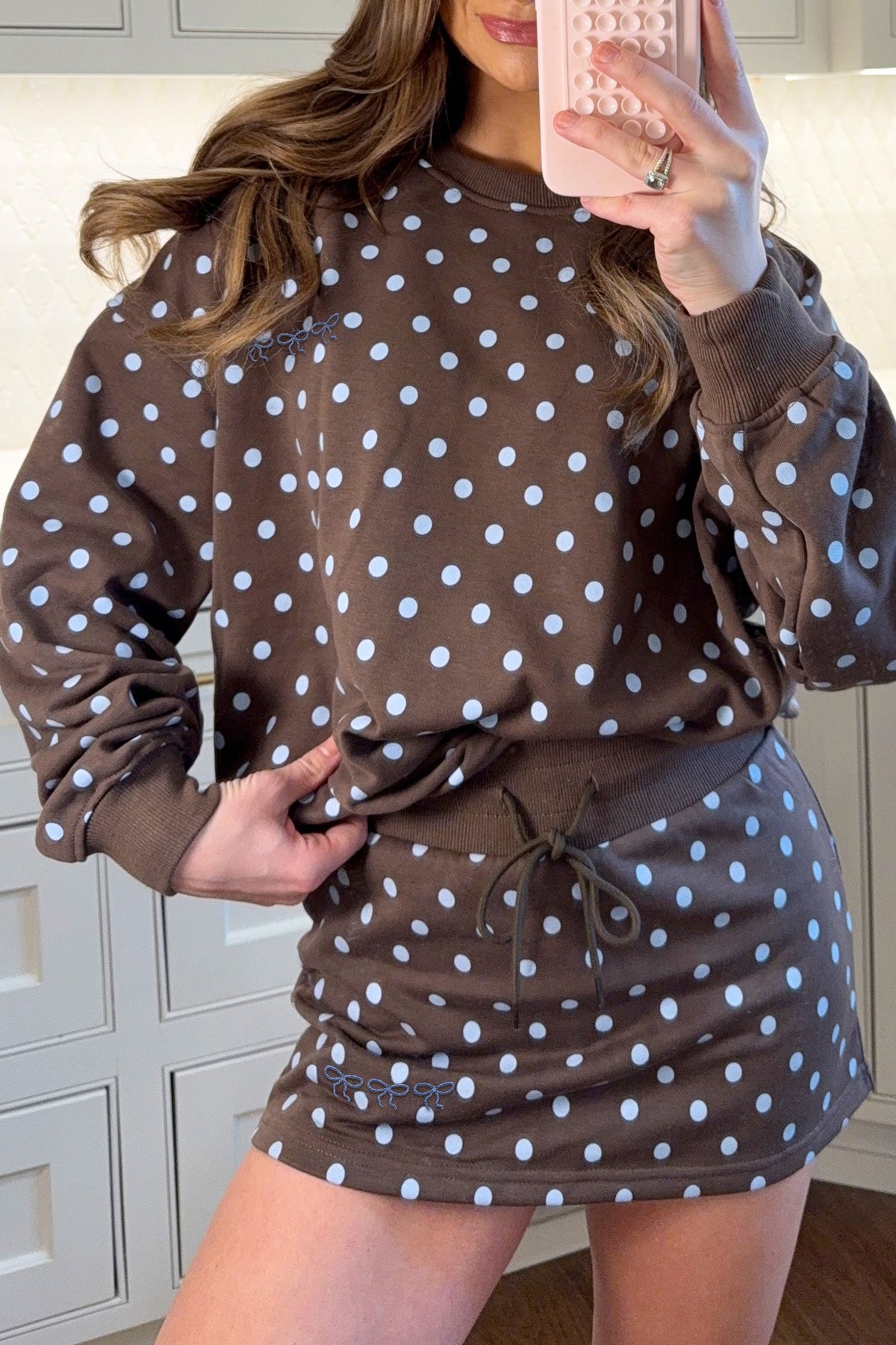 Women's Brown Polka Dot Long-Sleeve Pullover Embroidered Bow Detail Two-Piece Skort Set