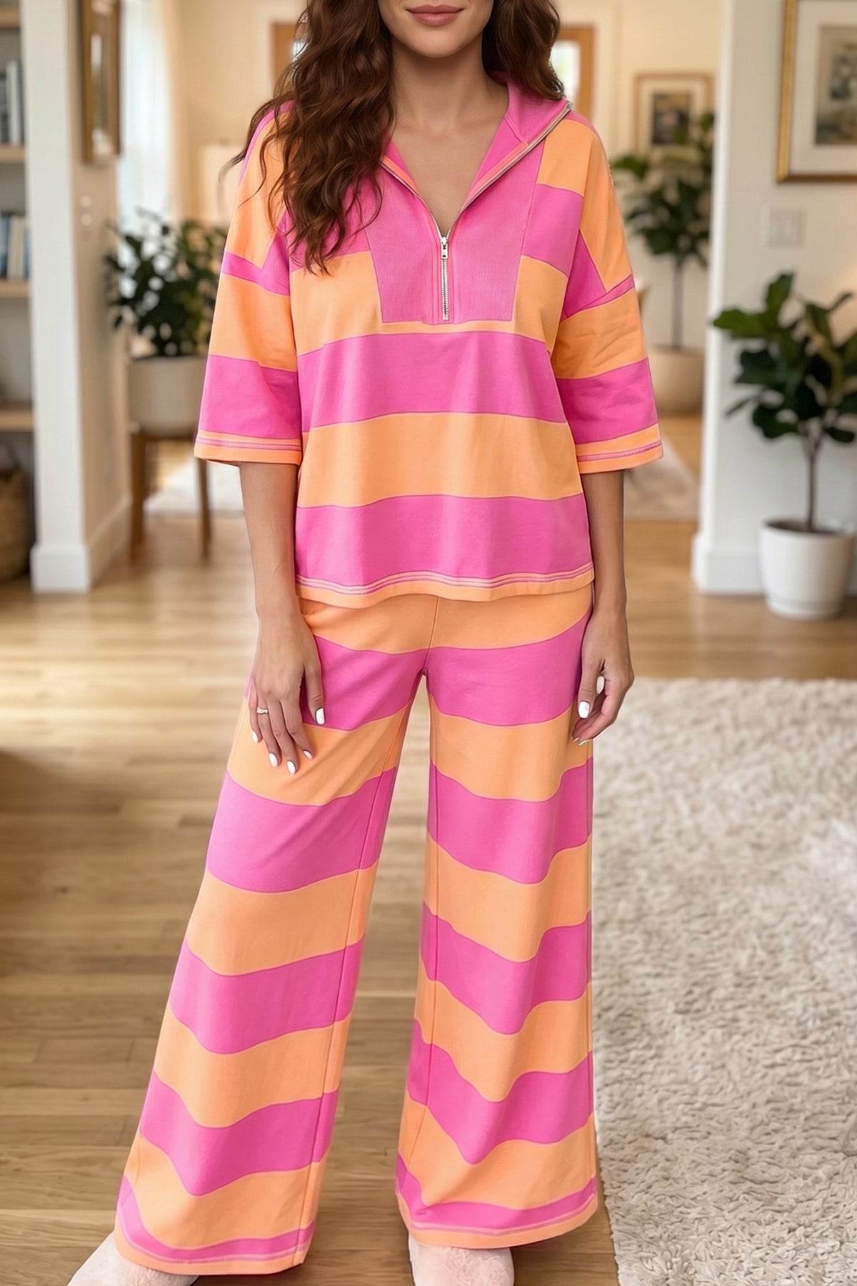Women's Orange Stripe Colorblock Half Sleeve Top Casual Loose Pants Two-Piece Set