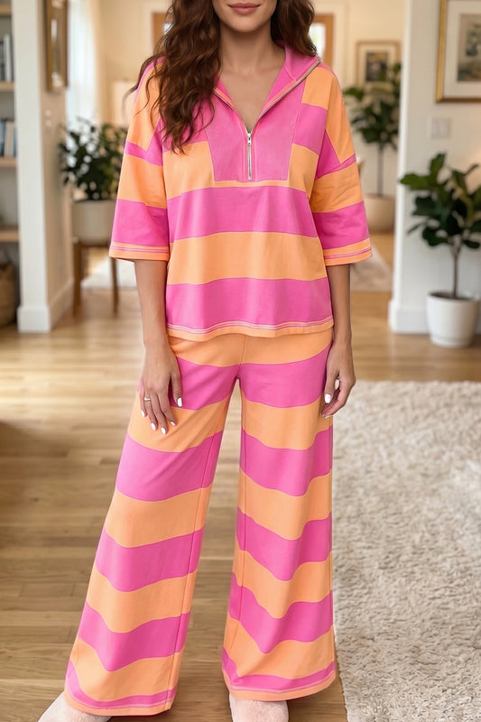 Women's Orange Stripe Colorblock Half Sleeve Top Casual Loose Pants Two-Piece Set