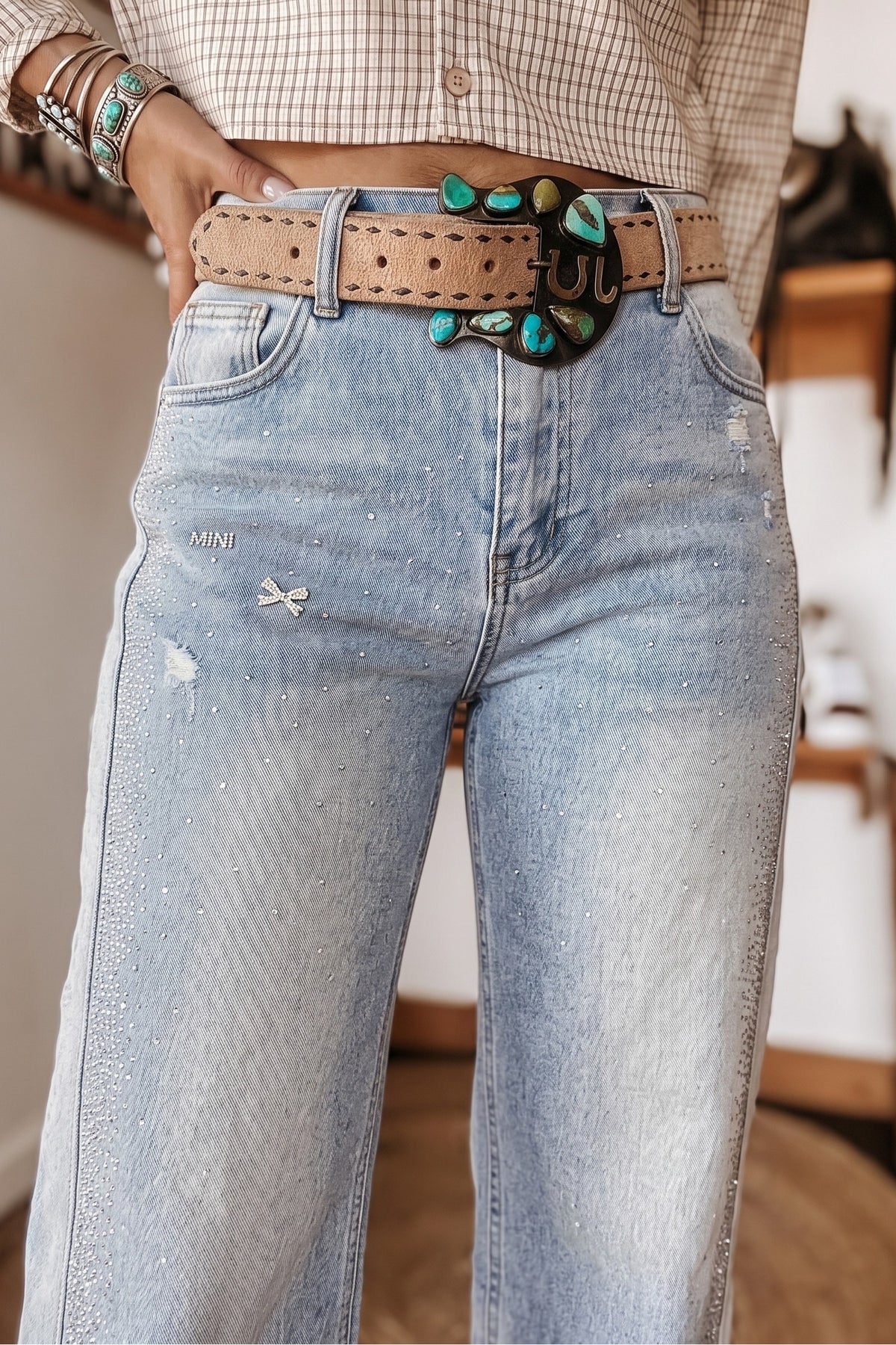 Beau Blue Rhinestone Embellished Western Ripped Jeans