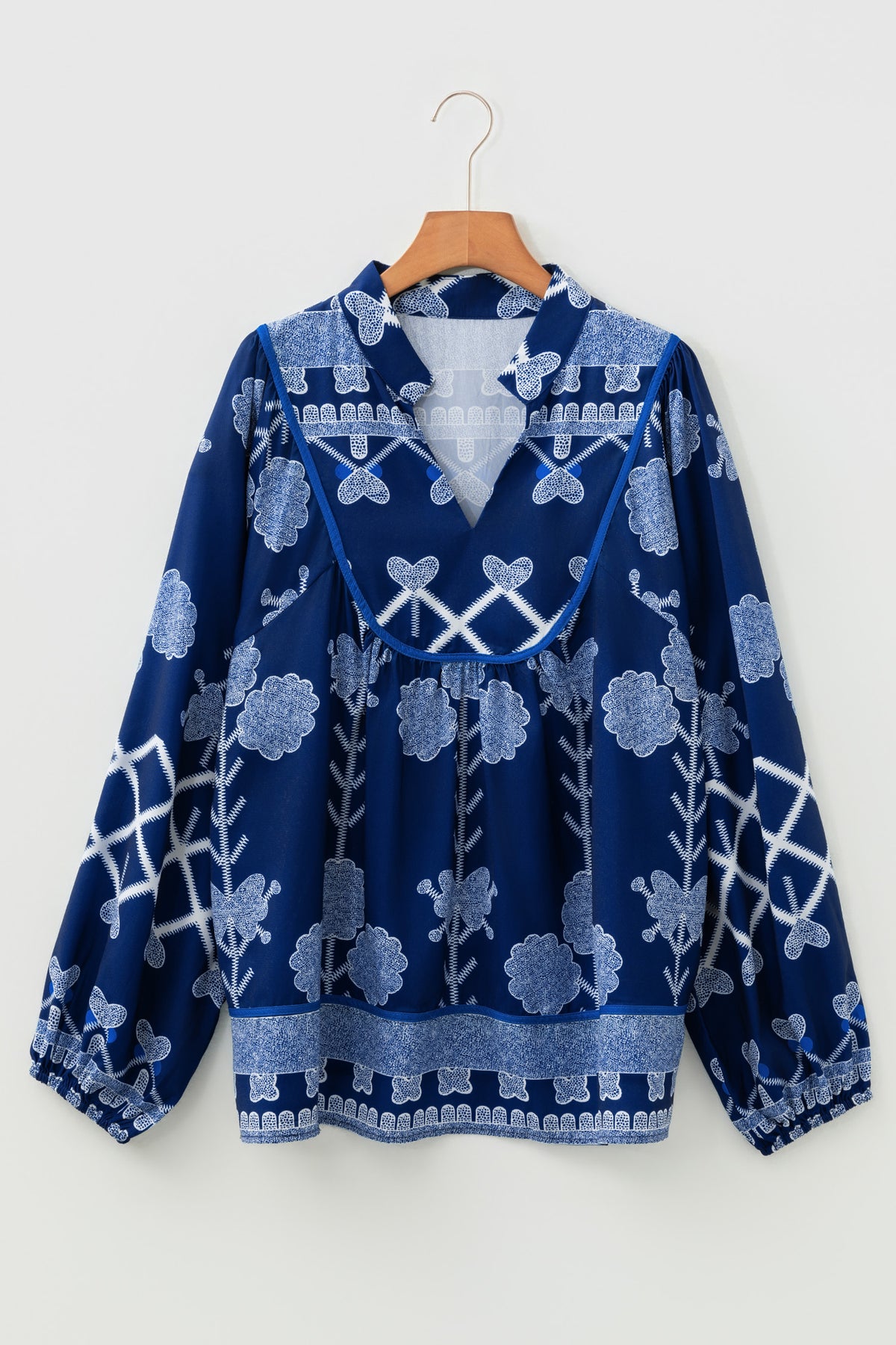 Blue Plus Size Floral Printed Notched Neck Long-Sleeve Blouse