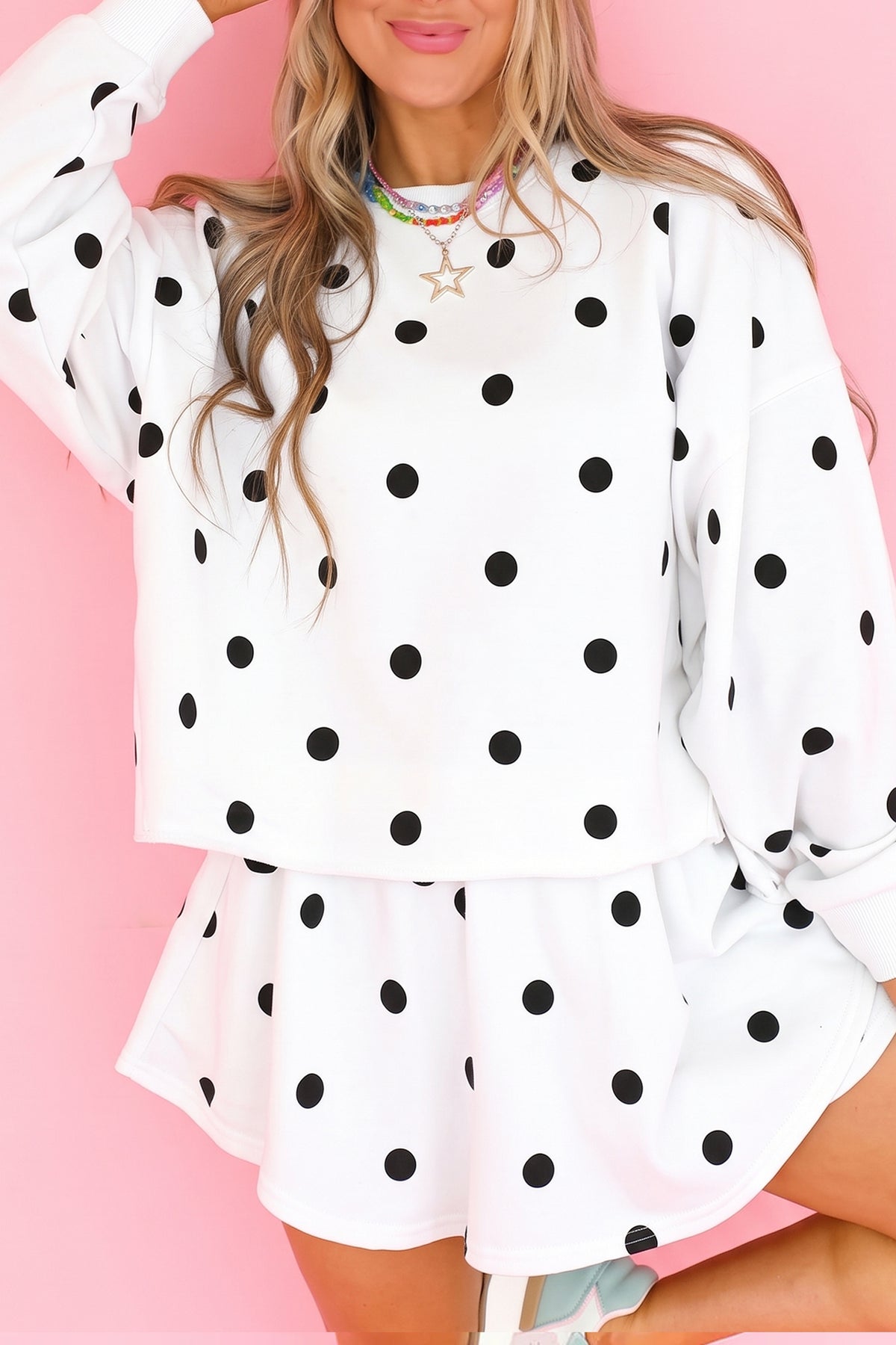 Women's Red Polka Dot Raw Hem Relaxed Pullover Loose Skort Two-Piece Set