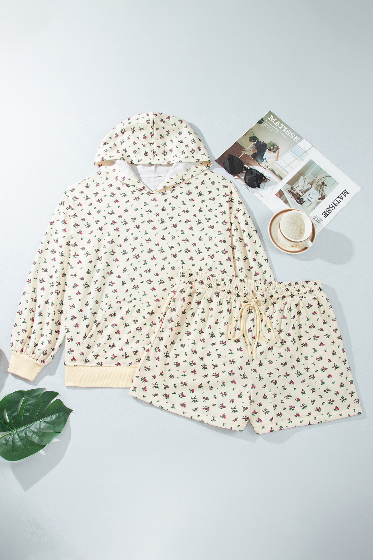 Beige Floral Print Hooded Long-Sleeve Plus Size Set
