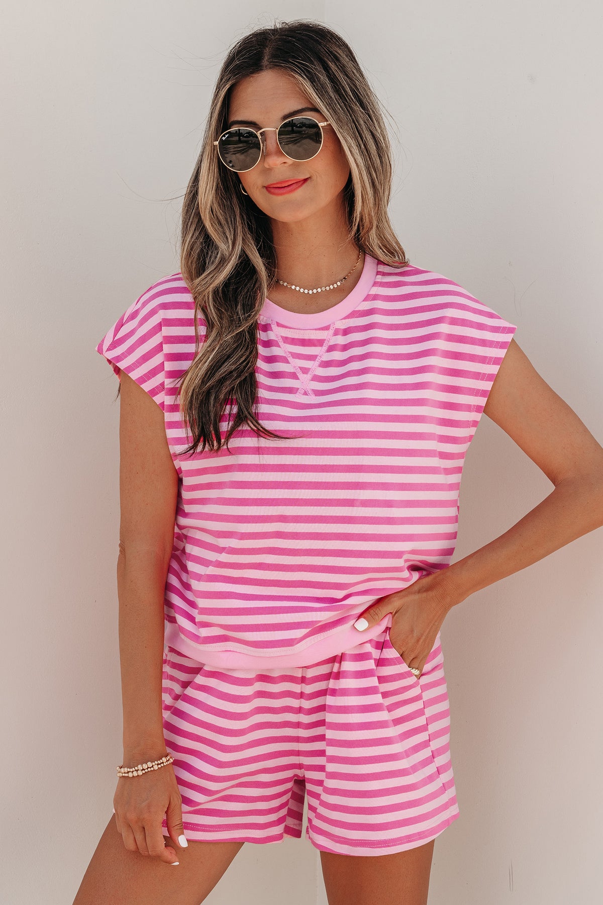 Women's Pink Stripe Cap Sleeve Tee Elastic Waist Shorts Two-Piece Outfit