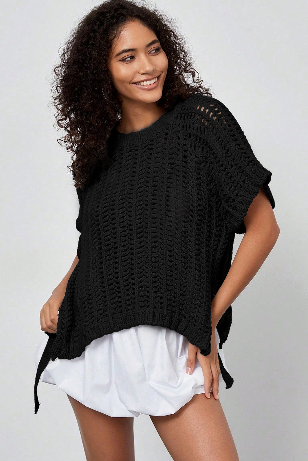 White Plus Size Open Knit Bow Tie Short-Sleeve Sweater