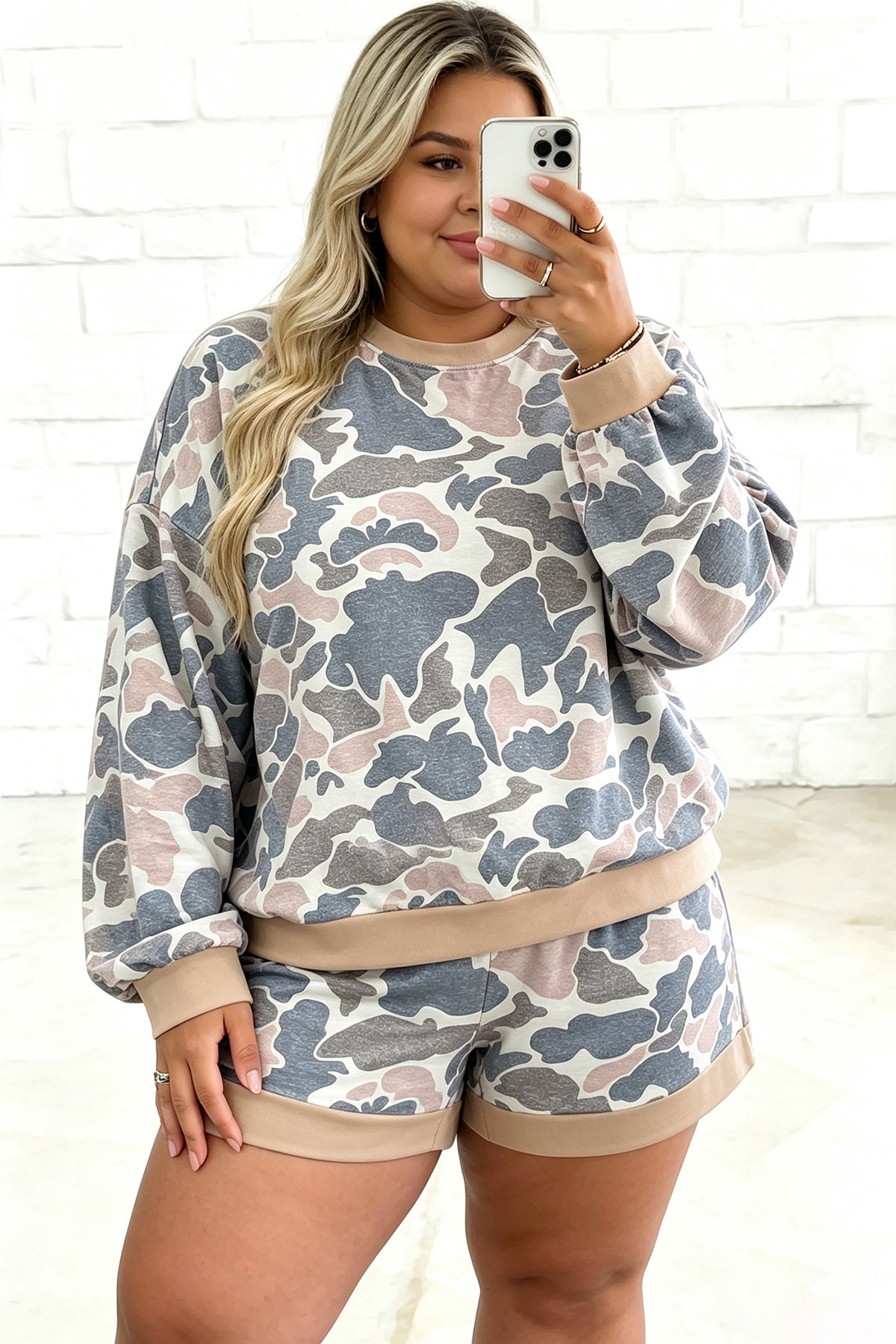 Multicolour Camouflage Print Round-Neck Drop-Shoulder Pullover Plus Size Shorts Set