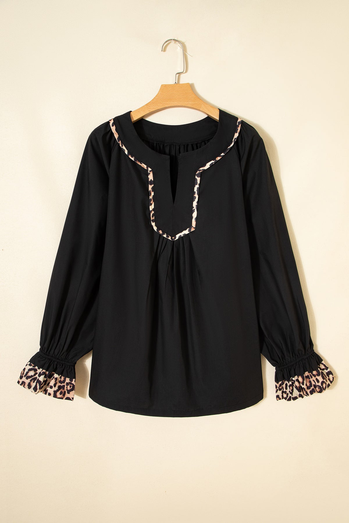 Black Plus Size Split-Neck Leopard Trim Flounced Long-Sleeve Blouse