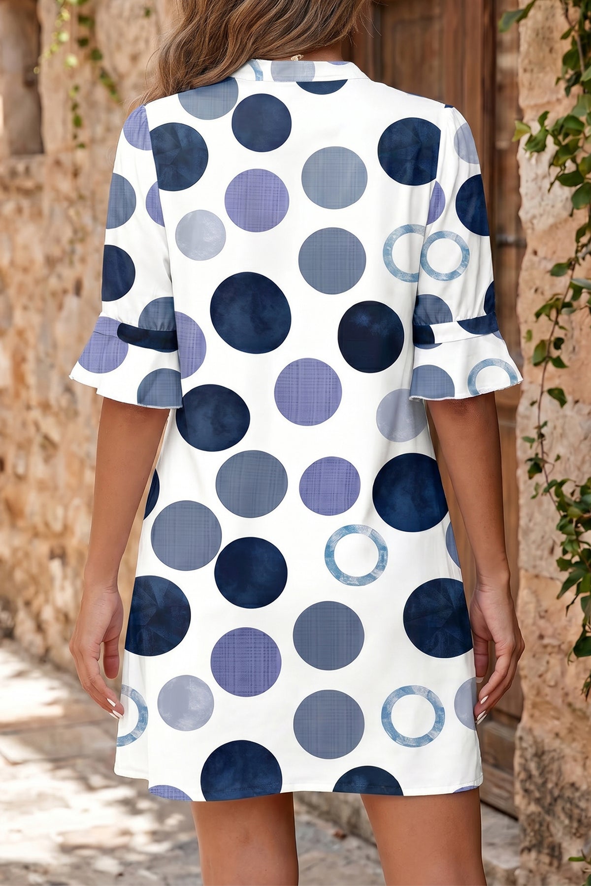Blue Polka Dot Print Flounced Half Sleeve Vacation Style Mini Dress