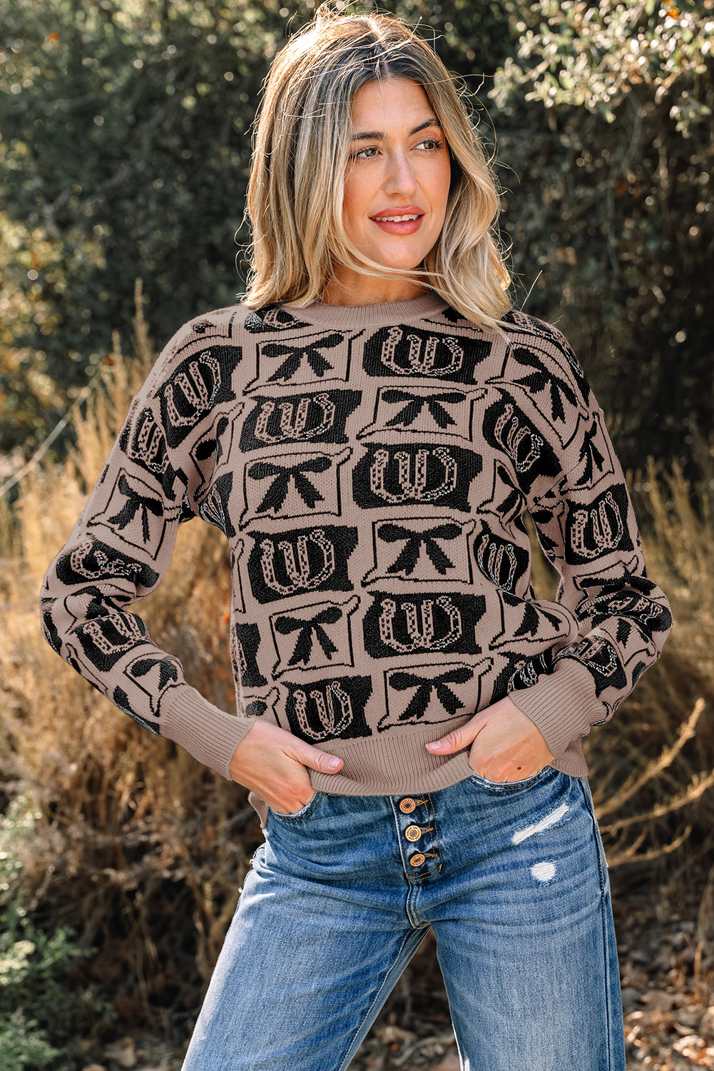 Black Bows & Horseshoes Pattern Western Print Sweater