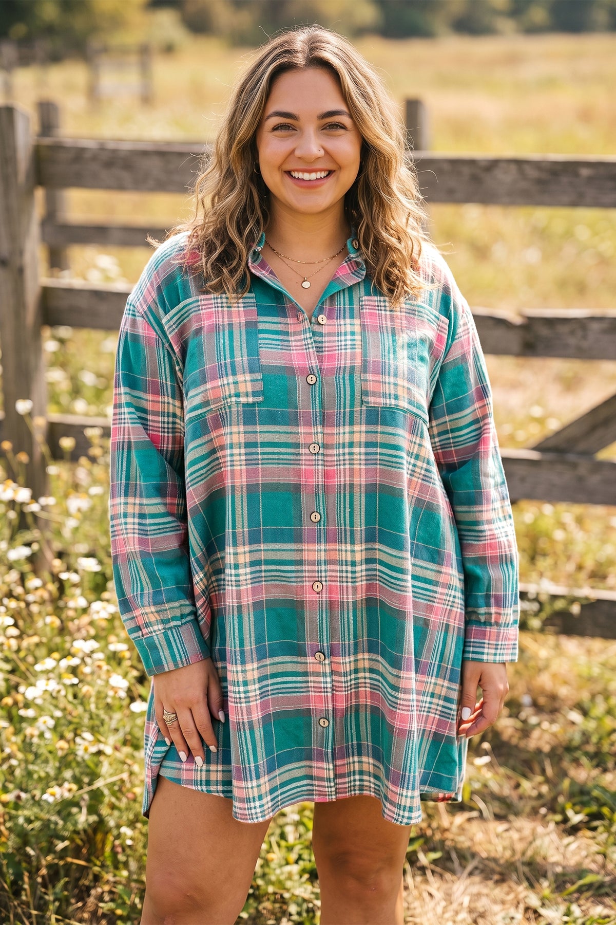 Green Plaid Button-Up Shift Long-Sleeve V-Neck Plus Size Dress