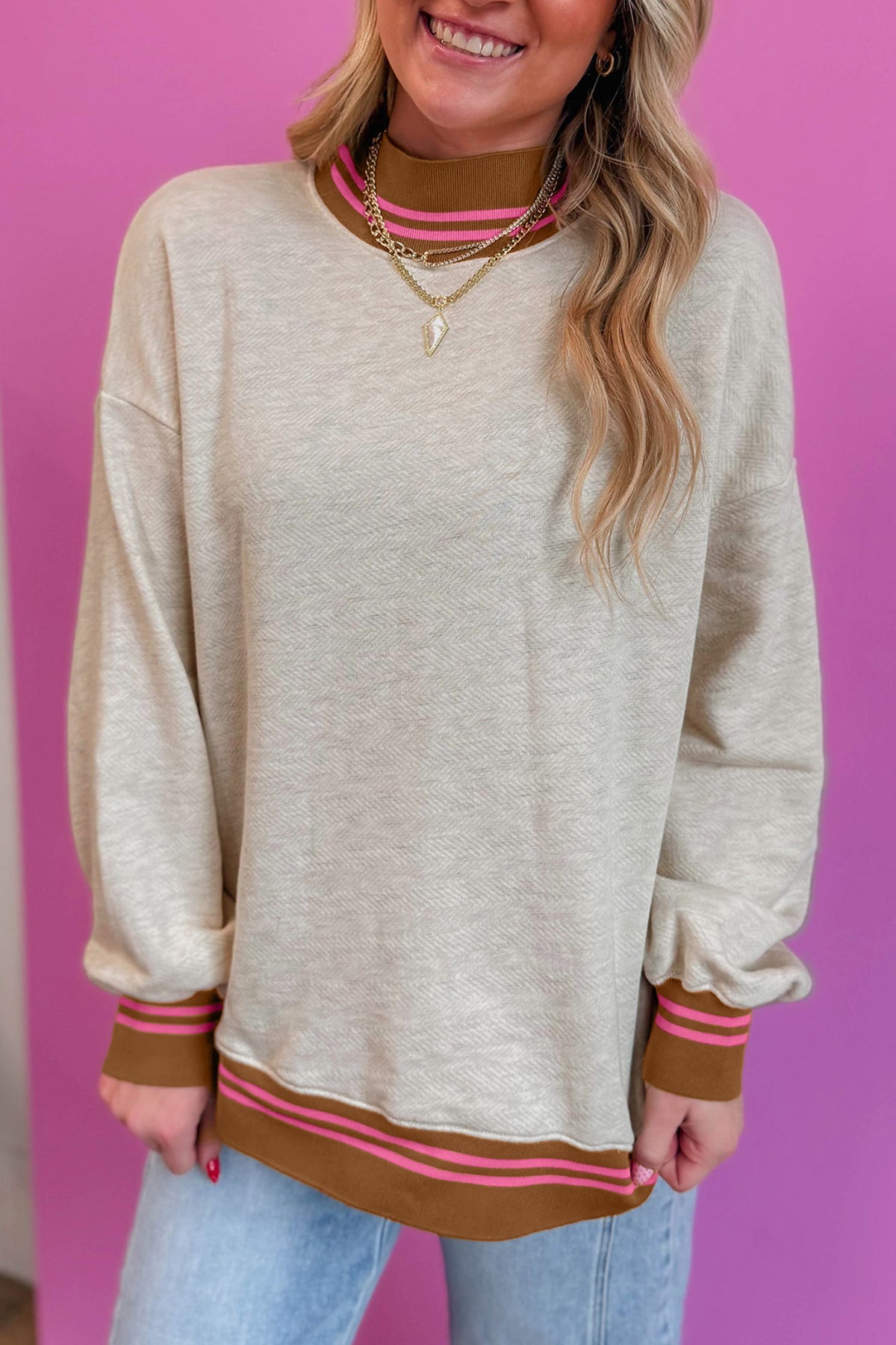Gray Ribbed Stand Neck Loose Fit Sweatshirt