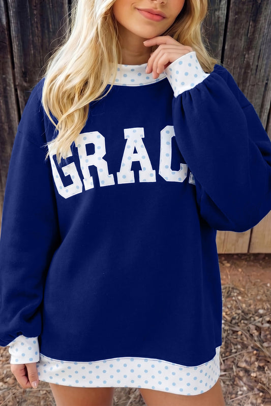Dirty blue Polka Dot Trim High Neck GRACE Sweatshirt